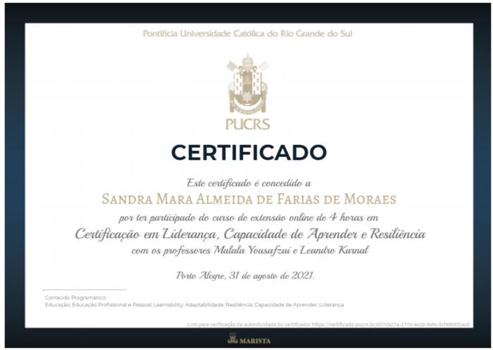 Certificaçãoo em Liderança, Capacidade de Aprender e Resiliência